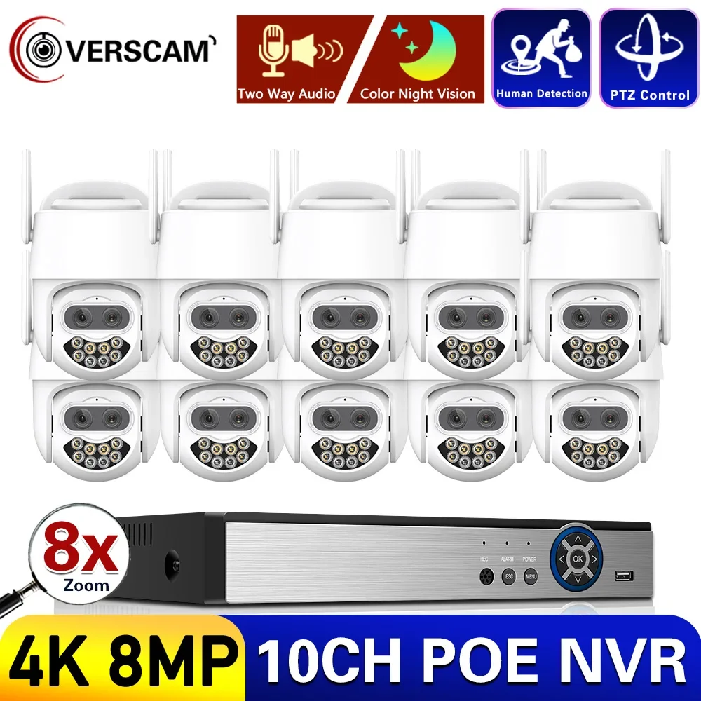 10CH 4K Ultra HD CCTV Network Video Security System 8MP POE NVR With 4K Auto Tracking Two-Way Audio Wifi PTZ IP Camera Set Kits