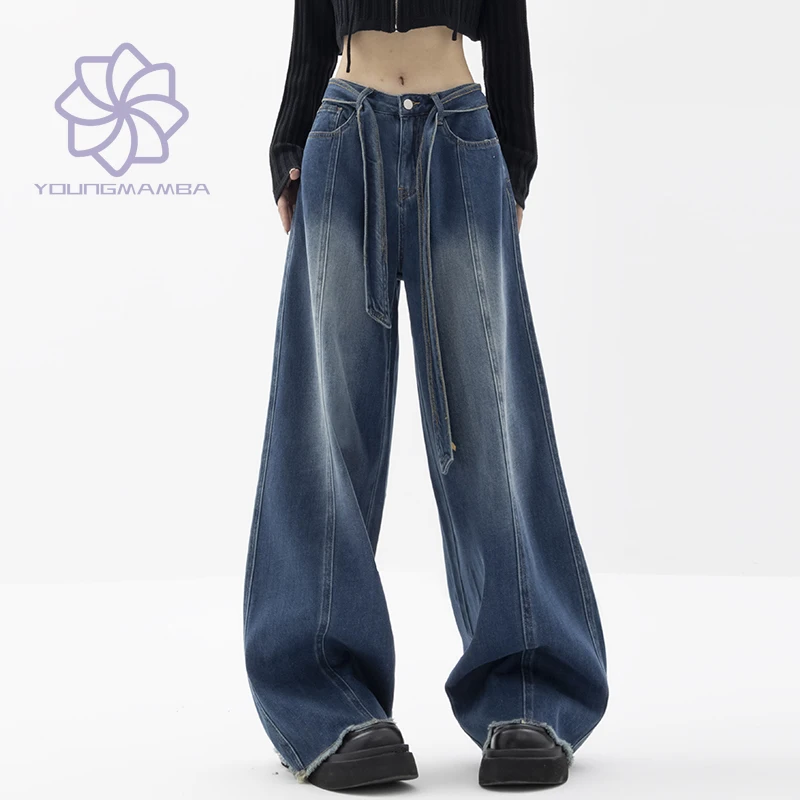 

Blue Jeans Women's Spring Autumn New Straight Loose Wide Leg Denim Pants Female Patchwork Floor Mop Trouser