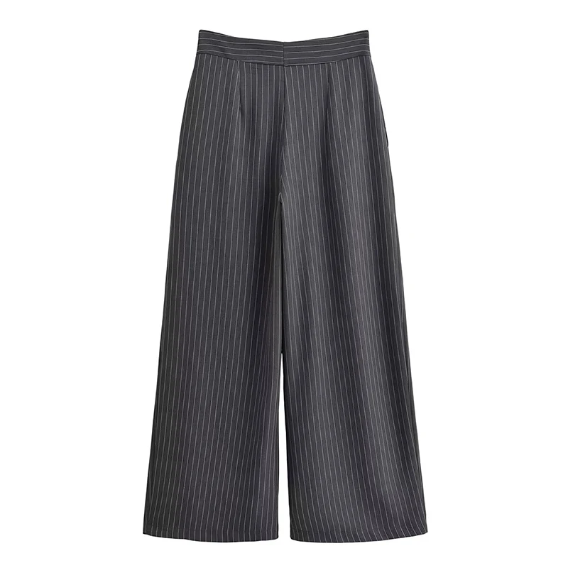 Fashion Stripe Pleated Wide Leg Pants For Women Elegant Pockets High Waist Long Trousers 2025 Autumn Lady High Street Chic Pants