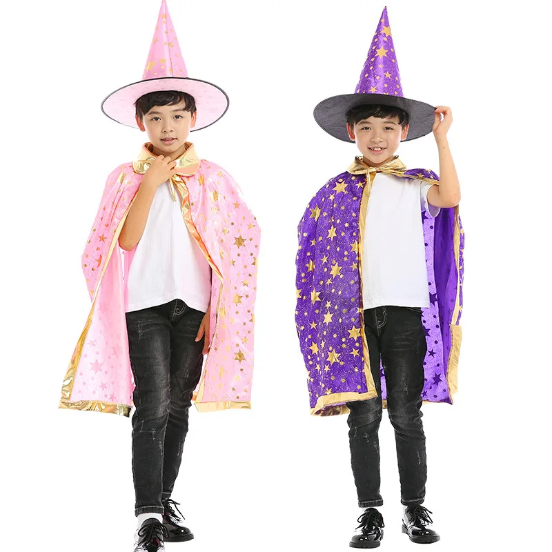Kids Cosplay Costume Sydanne Kids Magician Wizard Cloak Hat Cosplay Costume Hot Stamping Five-pointed Star Cloak Party Costume Halloween