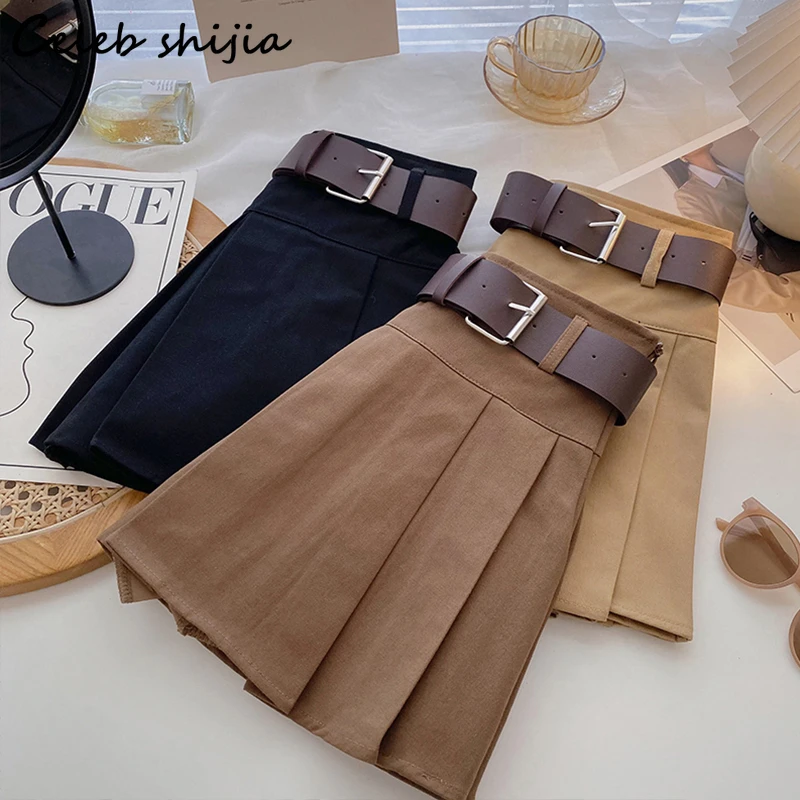 Coffee Skirts for Women High Waist 2022 Summer Chic Pleated Skirt Korean Fashion Streetwear Bottoms Y2k Skirt with Belt tweed skirt