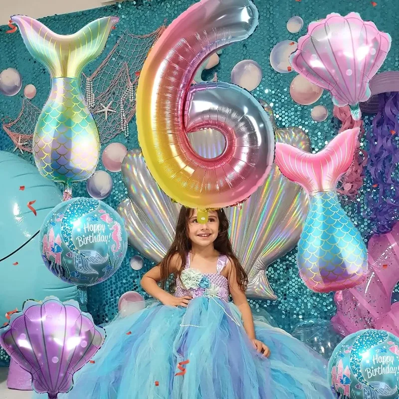7pcs Mermaid Birthday Decorations Helium Foil Balloon Mermaid Tail Balloons for Kids Rainbow Number Seashell Party Baby Shower