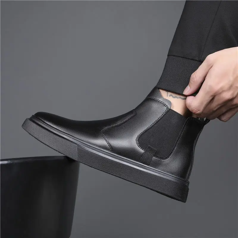 

men fashion genuine leather boots black trend flats shoes cowboy autumn winter chelsea boot platform ankle botas hombre zapatos