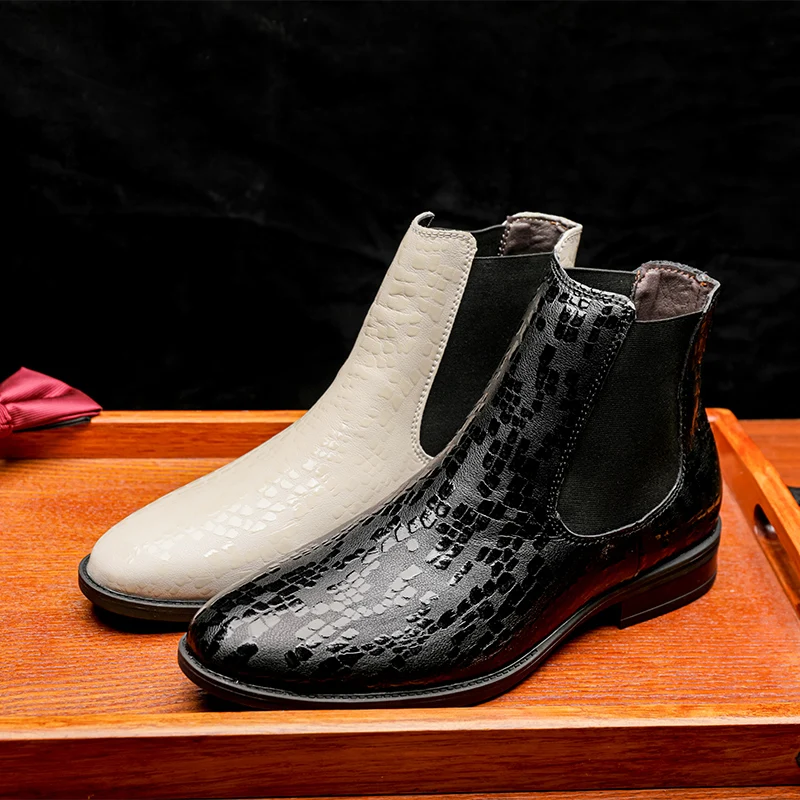 

Fashionable Chelsea Short Boots Men Genuine Leather Simple Slip On High Top Casual Business Dress Shoes Man White Free Shipping