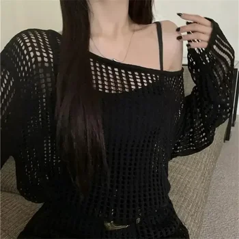 Y2K Hollow Out Crop Top Knitted Retro Long Sleeve T Shirt Women Summer Sun Protection Breathable Cardigans Patched Tee 1