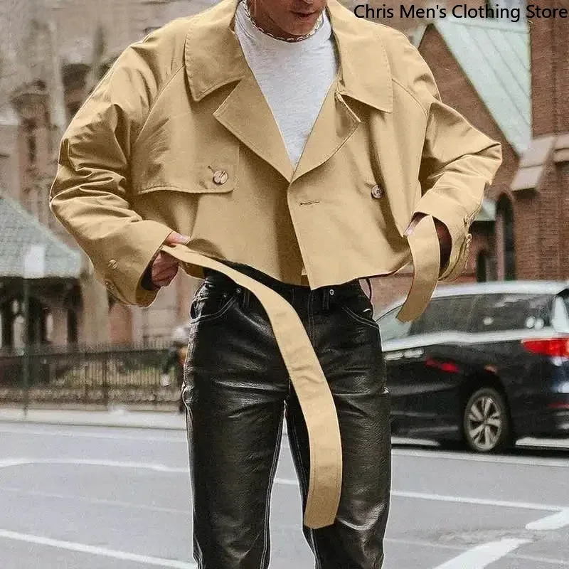 New Fall Fashion Loose Men's Short Trench Coat Super Cool Street Motorcycle Men's Coat Lapel Lace-up Cargo Male Short Jacket