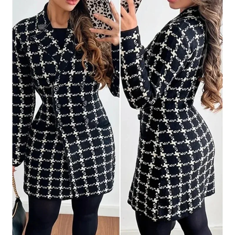 

2024 Spring Autumn Women Vintage Black Plaid Printed Double Breasted Long Blazer Jacket Office Lady Tops Outwear