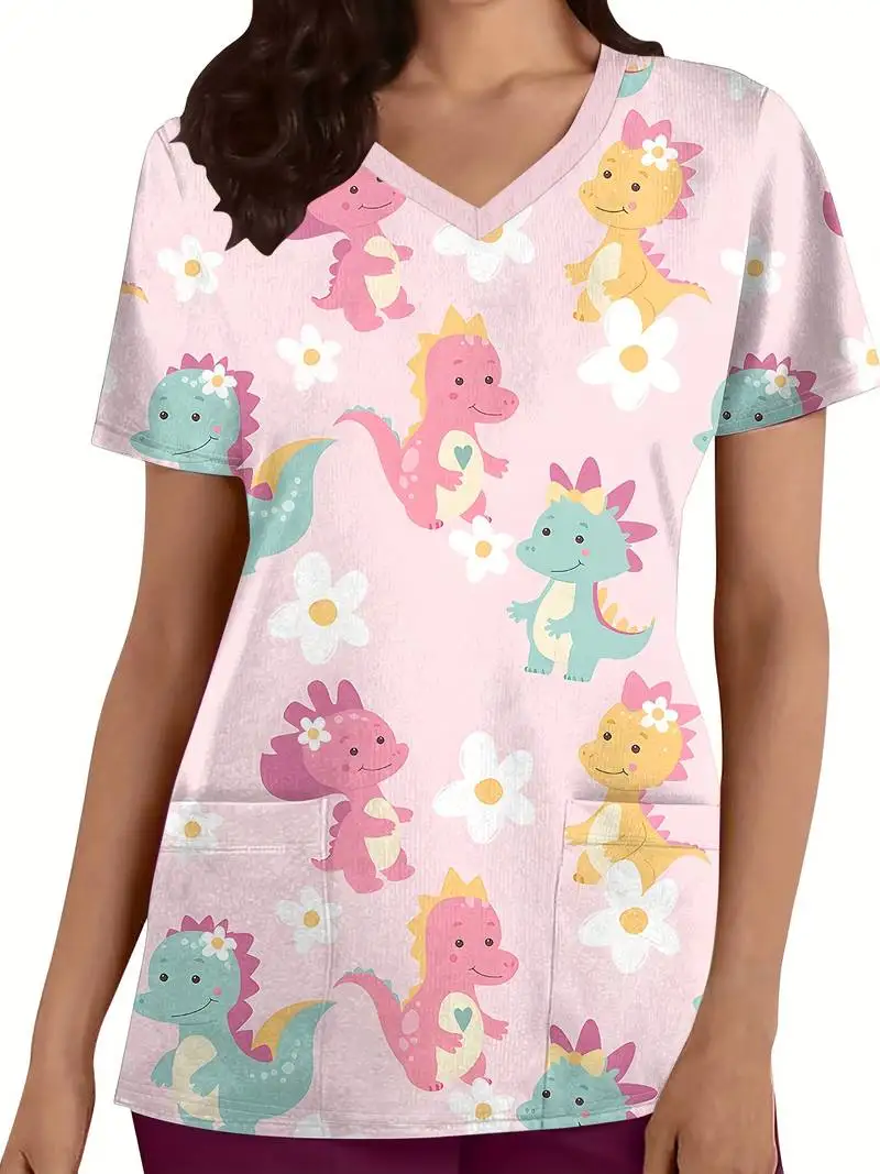 thumbnail image 1 of Uniformes quirúrgicos para mujer, estampado de dibujos animados de dinosaurios, camisetas de enfermería para el cuidado de la salud, cuello en V, microelástico, manga corta, uniforme clínico para muje, 1 of 4