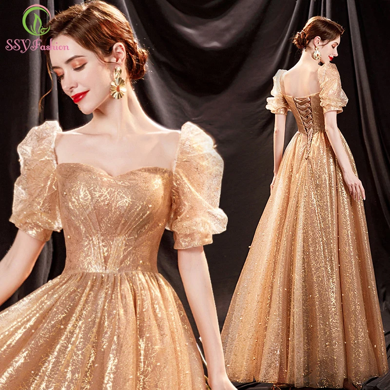

SSYFashion Gold Evening Dress for Women Puff Sleeve A-line Floor-length Sparkling Beading Formal Party Gowns Vestidos De Noche