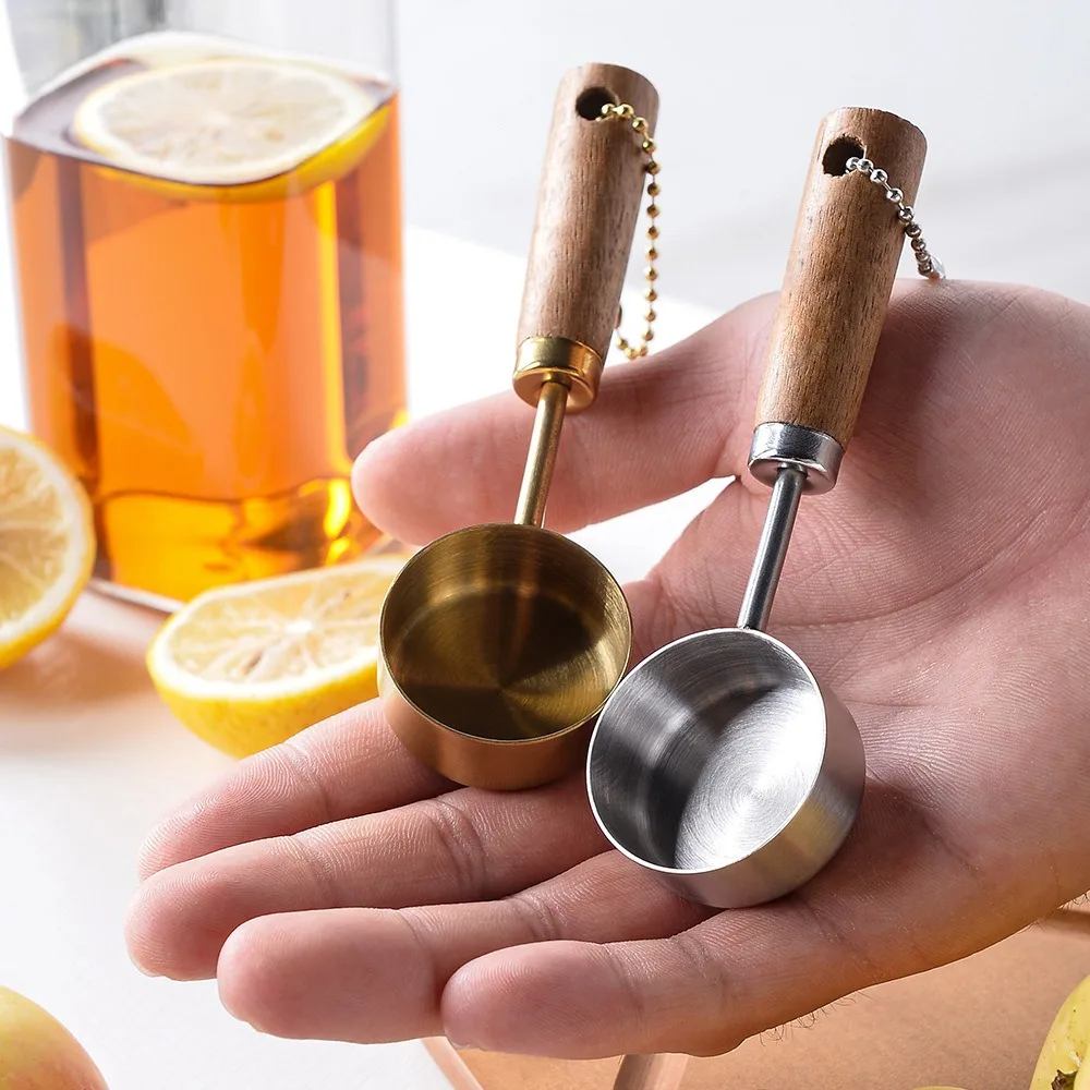 Stainless Steel Measure Spoon with Wood Handle Hangable Measuring Cup Rustproof Flat Bottom 14ml Kitchen Measure Tools kitchen measuring spoons measuring spoon set