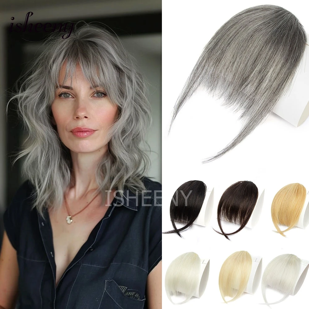 Isheeny Real Human Hair Bangs 1 Clip in Hair Piece Natural Air Hair Bangs Hairstyle with Thinning Hair