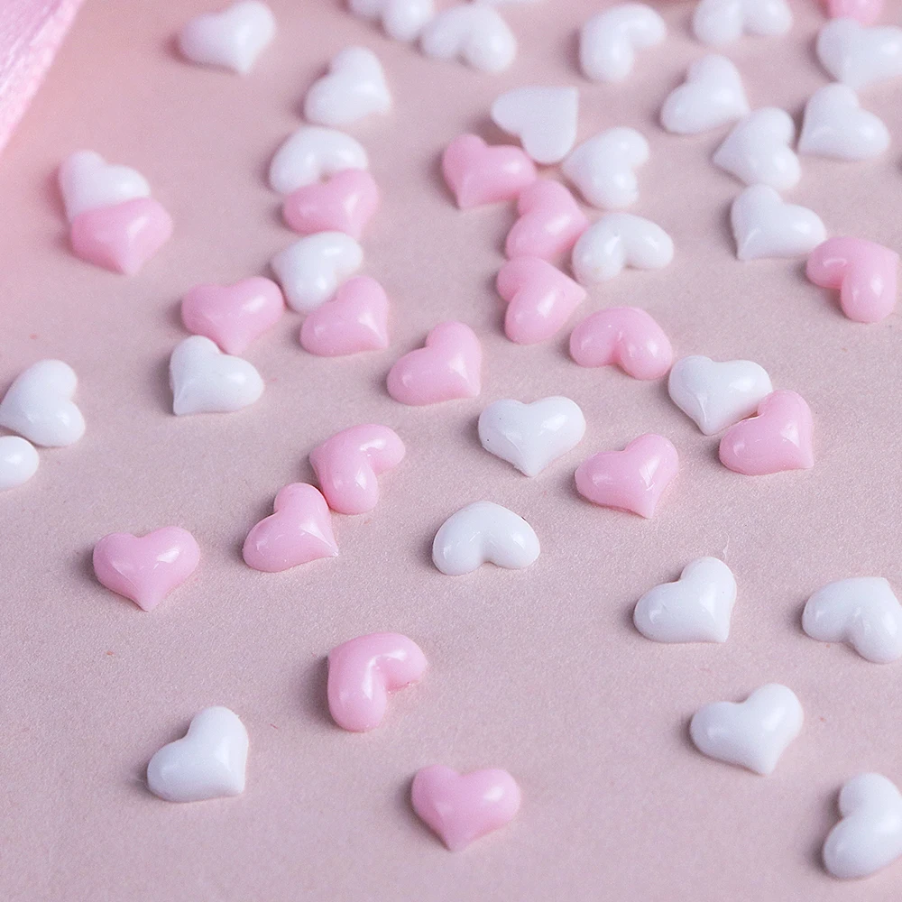 100pcs Kawaii Pink White Mini Love Heart Nail Charms 3D Heart Shape Resin Valentine's Decoration Nail Art Parts Supplies 5mm 5