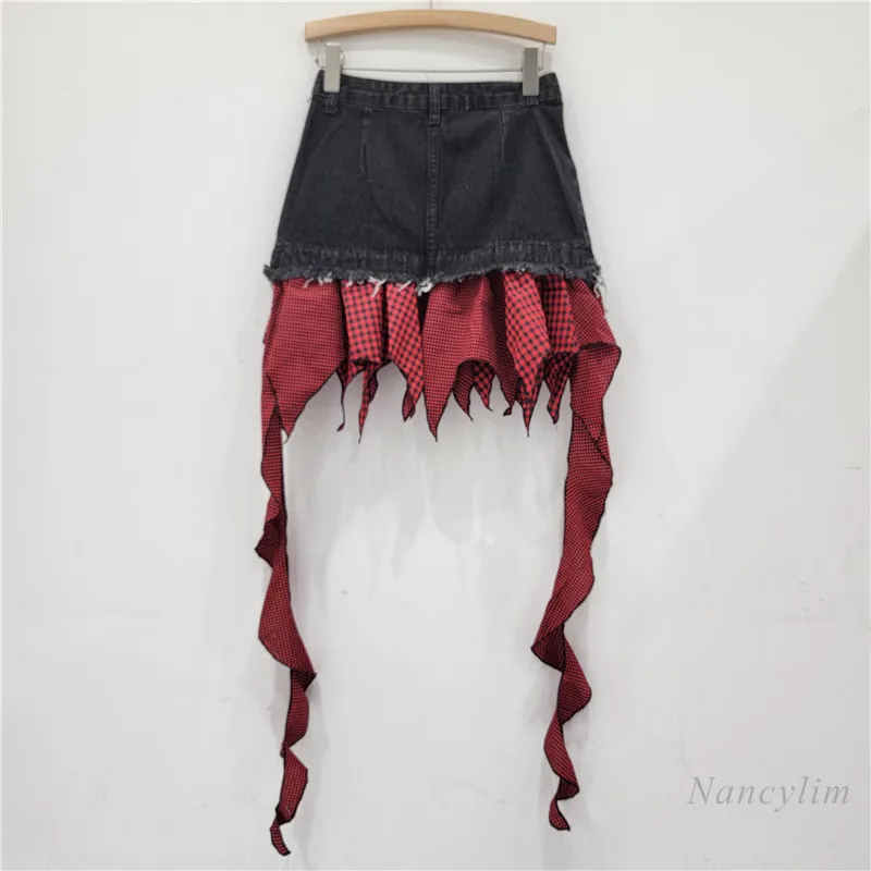 Design Sense Black and Red Plaid Stitching Irregular A- Line Dark Punk Denim Short Skirt Ruffled Skirt for Women