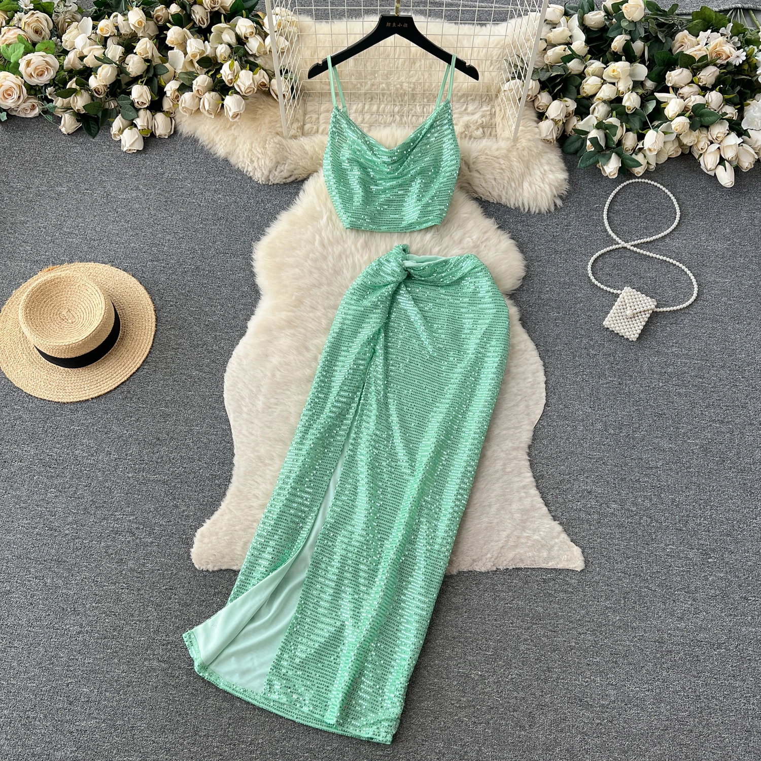 

Amolapha Women Sequin French Swing Neck Halter Vest + High Waist Slimming Slit Long Body Skirt Clothing Sets