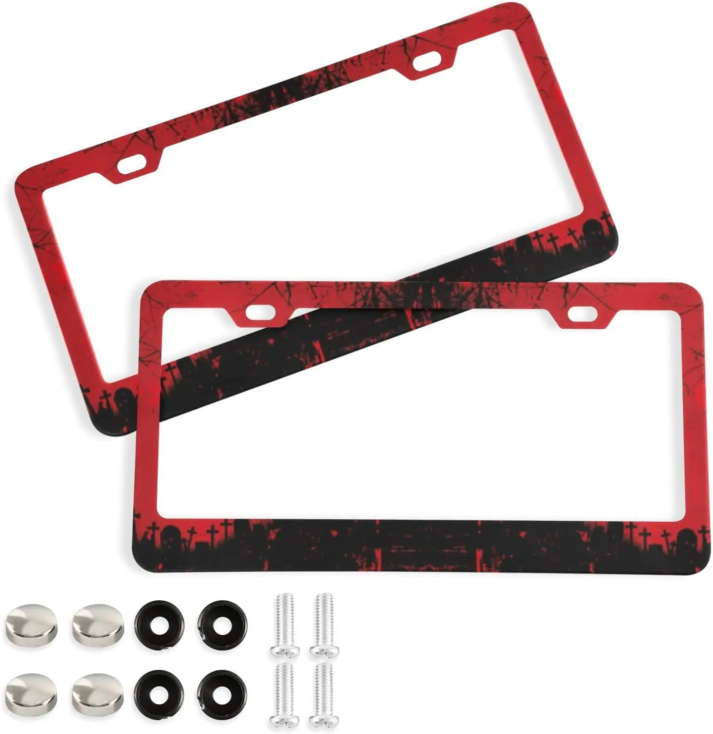 

Halloween Red Blood Bats Castle Background 2 PCs License Plate Frame, Novelty Car Tag License Cover Holder Fit for US Canada