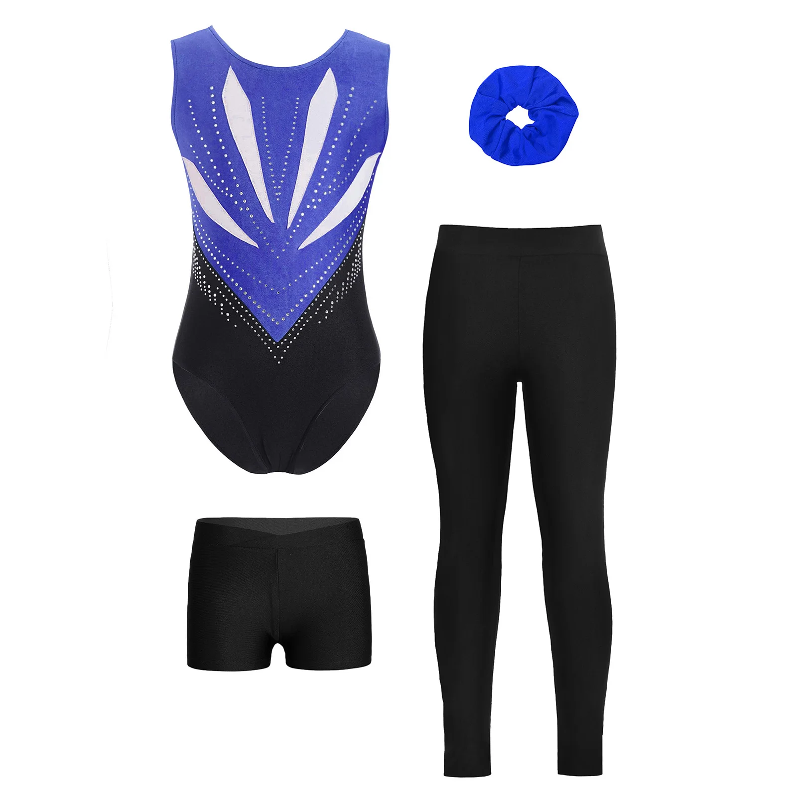 Kinder Mädchen Gymnastik Ballett Tanz Outfit Schleife Ausschnitt hinten glitzernde Strasssteine Trikot mit Shorts Leggings und Haarband – Detail 20