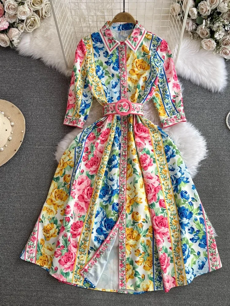 

2024 Summer Runway Shirt Dress Women's Lapel Short Sleeve Gorgeous Flower Print Single Breasted Belt Pleated Midi Vestidos 6318