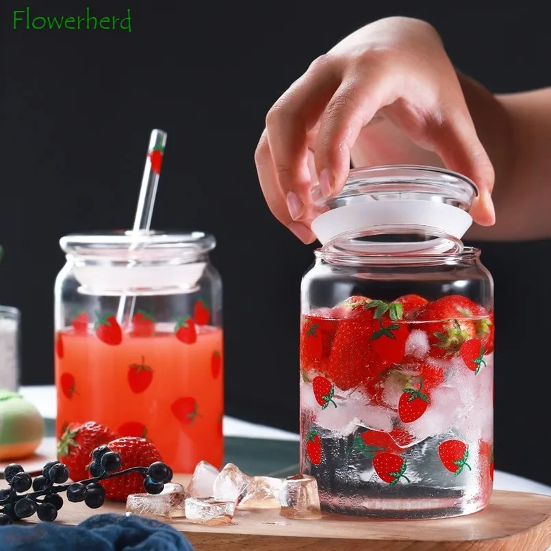 Large Capacity Water Bottle with Straw Cute Strawberry Glass Cup with Lid Heat-resistant Tumbler Cup Glass Bottle Drinkware
