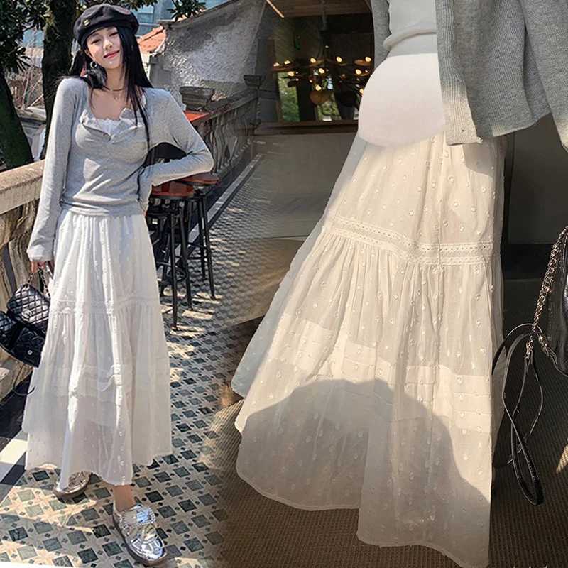 Korean Style Maternity White Skirts Hollow Out Lace Patchwork High Waist Pregnant Woman Ball Gown Cake Skirts Pregnancy Skirt