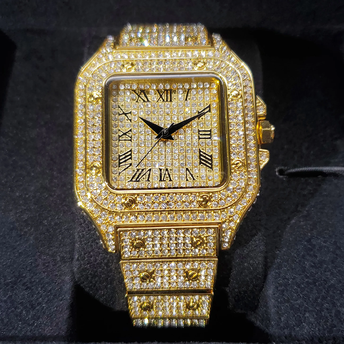 

Hip Hop New Square Men's Business Watches Top Brand Luxury Roman Iced Out Quartz Men Watch Gold Waterproof Male Wristwatches