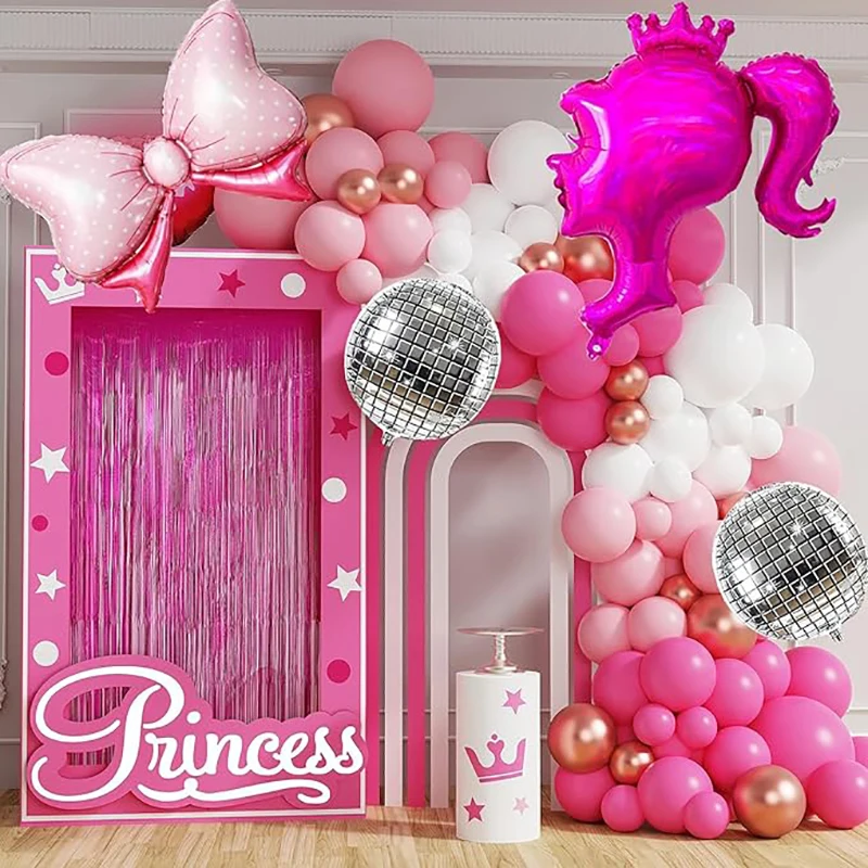 

Pink Balloon Garland Disco Ball Bow Crown Princess Star Balloon Arch Kit For Princess Party Decoration Birthday Baby Shower