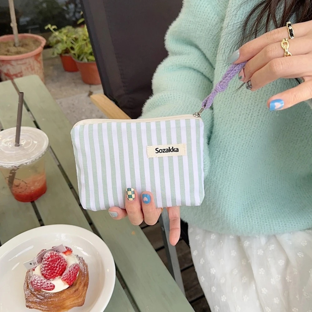 Small Cosmetic Make Up Bag Mini Canvas Striped Organizer Bags for Women Lipstick Makeup Case Children Cute Purse Coin Pouch Case
