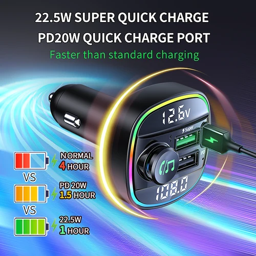 블루투스 5.0 FM 송신기, 차량용 핸즈프리 라디오 변조기, MP3 플레이어, 22.5W USB, 초고속 충전 어댑터 2