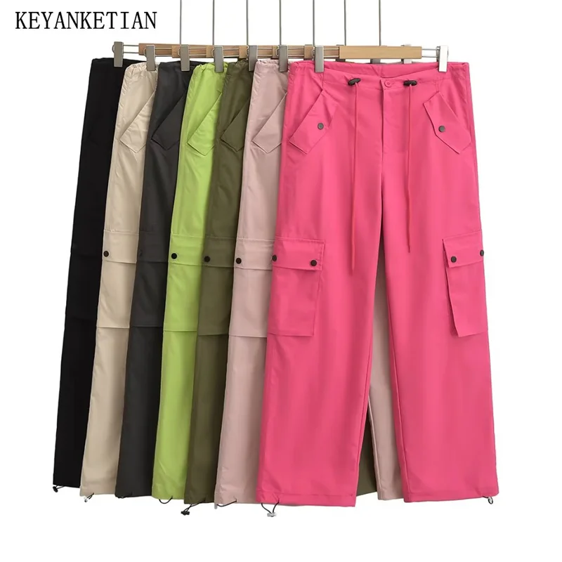 

KEYANKETIAN Women Pocket Decorated Overalls American Street Style Elastic High Waist Solid Color Loose Straight Pants Adjustable