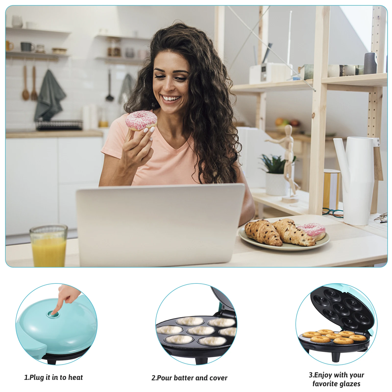 700W Mini Donut Maker Bread Machine 7 Doughnuts Double-sided Heating Non-stick Coating Electric for Breakfast bread machine