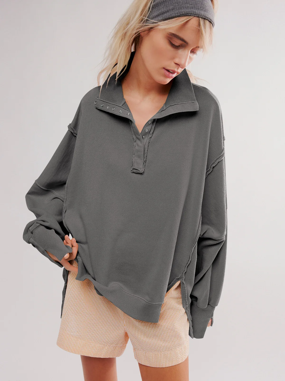 Woman's Autumn Solid Color Sweatshirt Fashion Flip Collar Long Sleeves The Hem Is Irregular Hoodie Ladies Elegant Button Tops