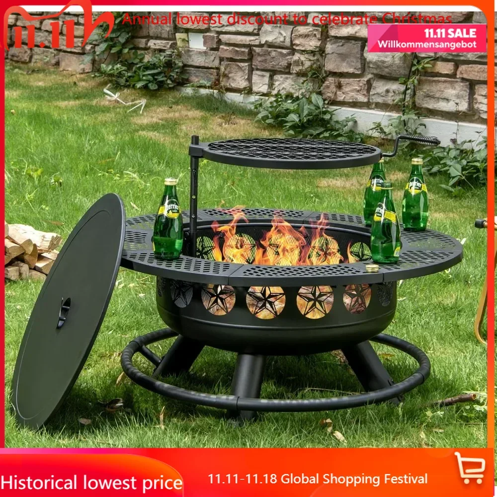 42 Inch Fire Pit with Cooking Grill,Outdoor Wood Burning BBQ Firepit with Lid, 3-in-1 Outdoor Fire Pit for Backyard Deck Bonfire