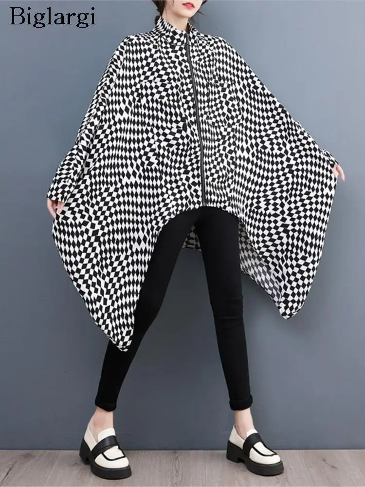 

Spring Autumn Houndstooth Plaid Print Coat Women Irregular Modis Pleated Ladies Jackets Oversized Loose Casual Woman Jacket Coat