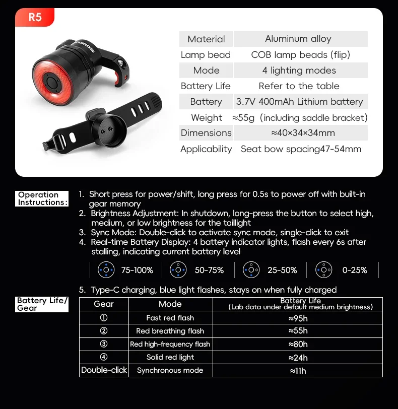 ROCKBROS Bicycle Rear Light Bike Smart Brake Sensing Taillight Type-C Charging Day/Night Sensing MTB Road Bike Accessories