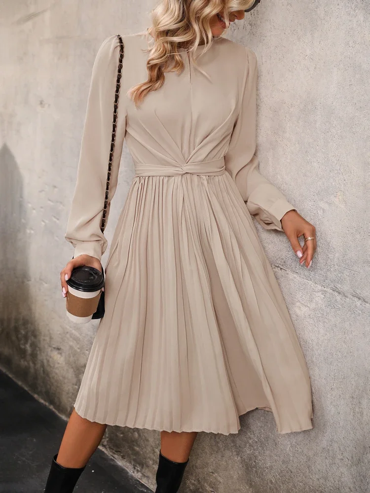 

Модное женское однотонное плиссированное платье в стиле пэчворк, дизайнерское Бандажное платье-трапеция с О-образным вырезом, средней талией и длинным рукавом