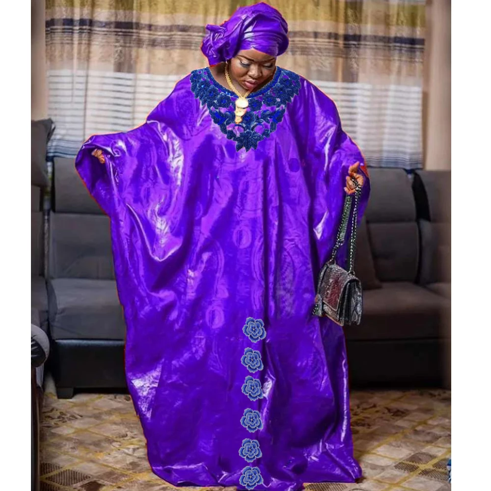 2023 New African Women Bazin Riche Dresses With Headscarf Embroid Stone Nigerian Traditional Wedding Party Dashiki Basin Robe