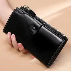 Luxury Genuine Leather Women's RFID Blocking Wallet - Elegant Long Purse with Oil Wax Finish and Coin Holder (Black)