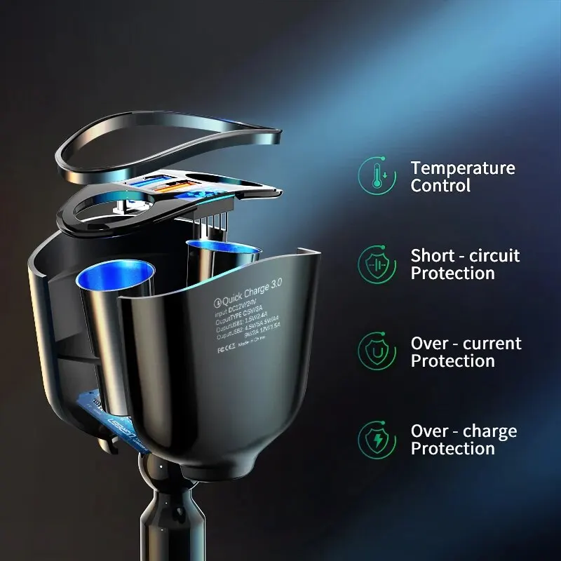 Car Charger Car Mobile Phone Charger Big Head One to Two Multi-function USB Car Cigarette Lighter Charger QC3.0 Fast Charge