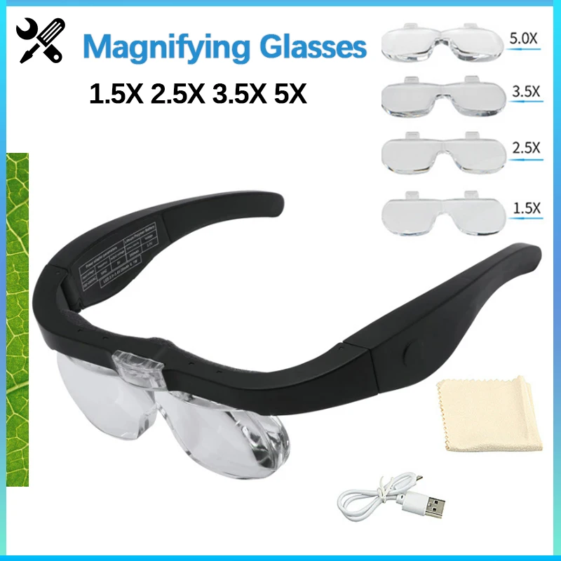 Lente d'ingrandimento per occhiali con luce a LED lente d'ingrandimento  professionale per occhiali lente per occhiali elettronica 1.5X 2.5X 3.5X  5.0X ricarica - AliExpress