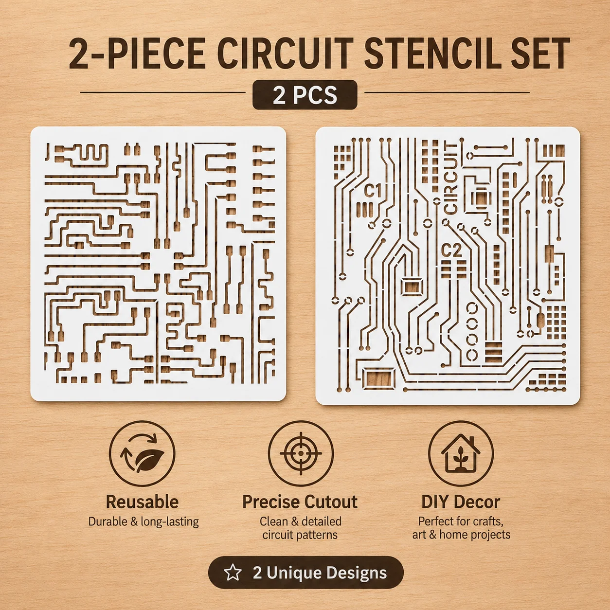 2PCS 7.9 x 7.9인치 회로 기판 스텐실 페인팅용 재사용 가능한 기술 패턴 템플릿 DIY 벽 직물 종이 장
