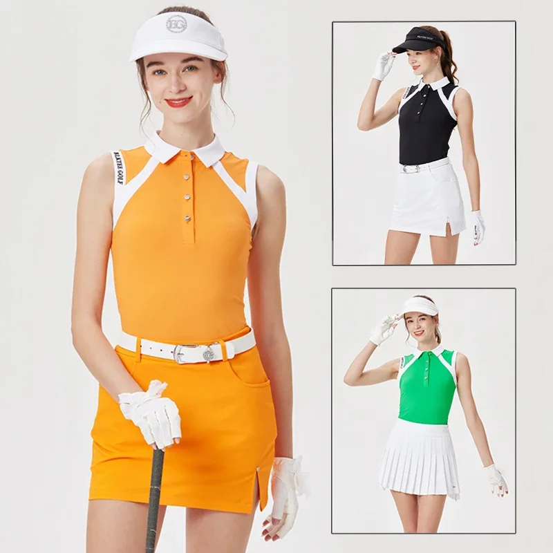 Golf Sleeveless T-shirt Women Summer Patchwork Tank Tops Ladies Slim Skirts Badminton Tennis Golf Sportswear