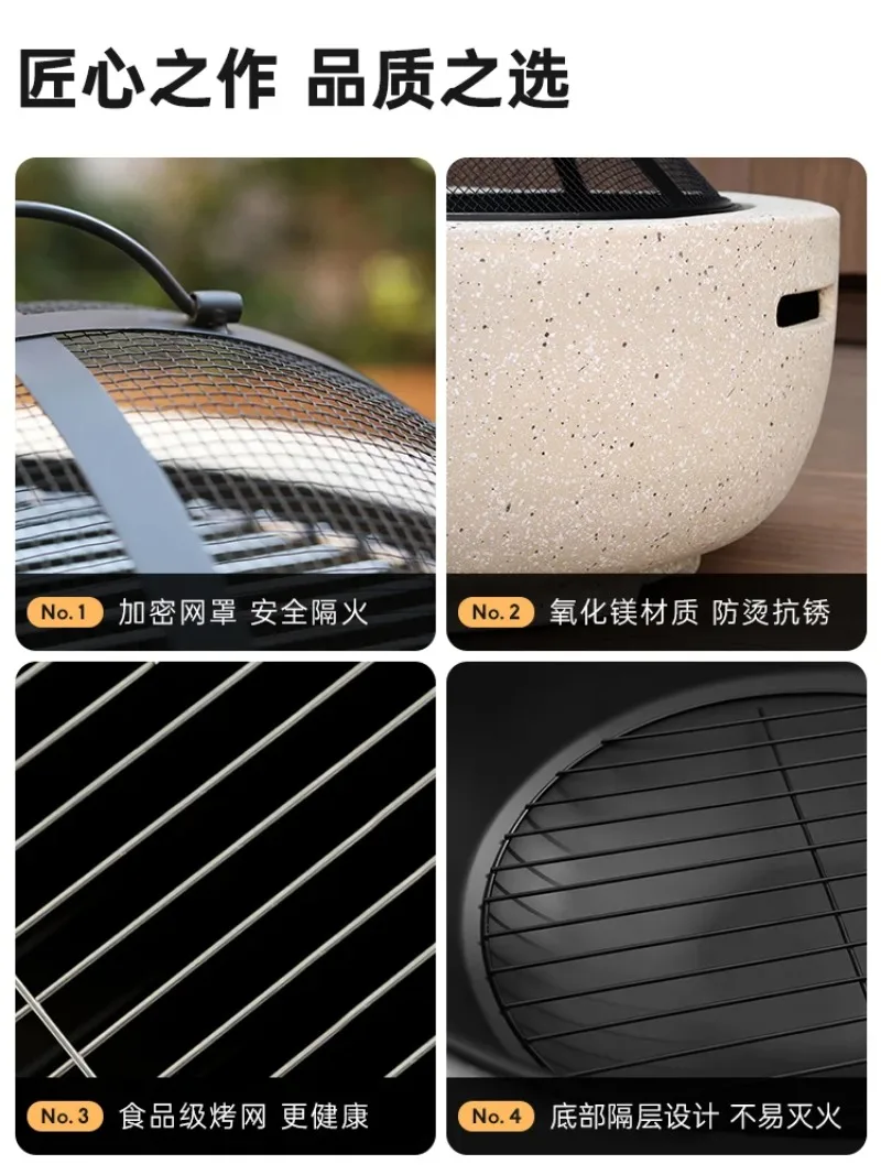 Round Outdoor Fire Pit Table Household Charcoal Brazier Garden Courtyard Barbecue Grill With Mesh Enclosure And Barbecue Net