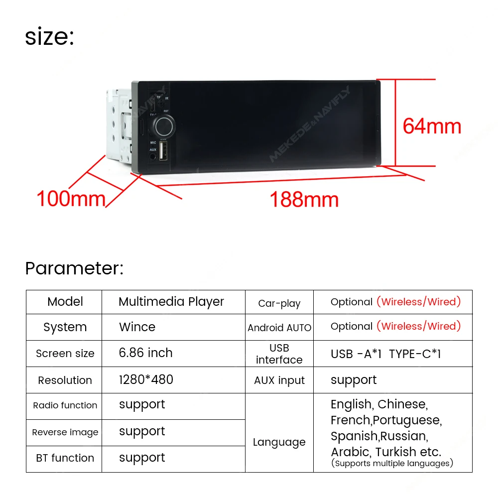 MEKEDE OD8 Reproductor de radio estéreo para coche MP5 universal de 6,86 pulgadas con CarPlay inalámbrico, Android Auto, pantalla táctil IPS de 1280×480, navegación GPS, Bluetooth, FM, MIC, AUX, USB tipo C y ranura para tarjeta TF – Sistema de vídeo multimedia para coche 8