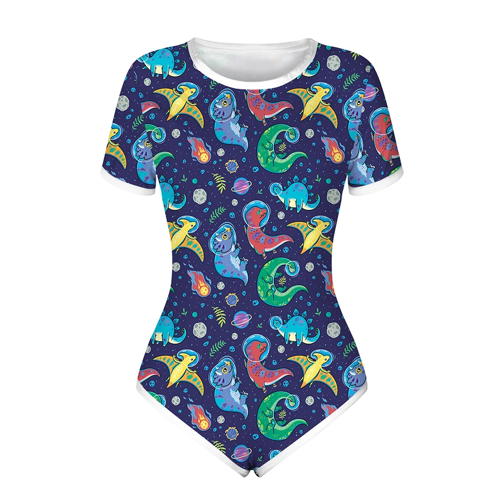 Women Bodysuit Sleep Wear Set Women Jumpsuit Floral Print Pajama Romper Women Summer Casual Slim Rompers Adults Cartoon Print Short Sleeve Round Neck High Waist Playsuits Home Sleepwear
