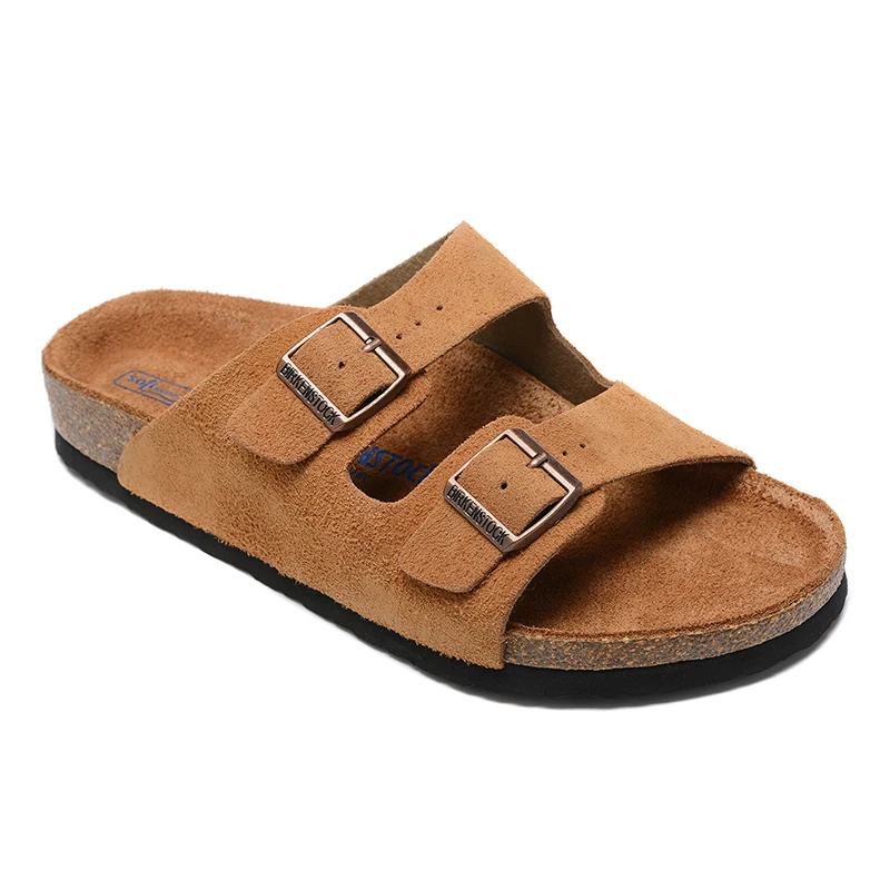 Summer Birken Women Slippers Men Beach Cork Slippers Arizona Series Casual Couple Double Button Leather Sandals