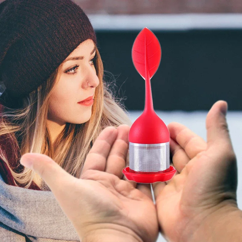 Tea Infuser Stainless Steel Fine Mesh Tea Filter BPA-Free Silicone Leaf Handle and Drip Tray for All Loose Leaf