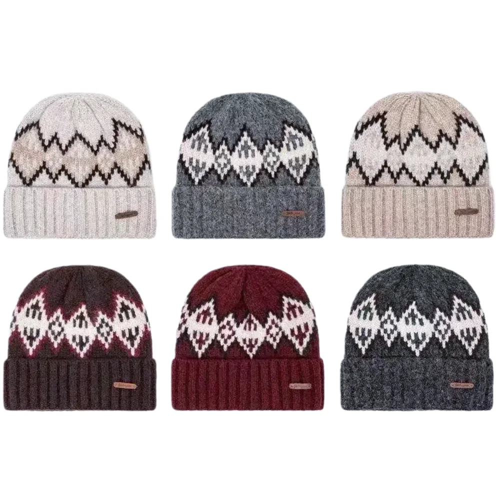 Unisex Fair Isle Style Slouchy Winter Hats Fashion Couple Beanies Casual Rhomb Pattern Decor Winter Knitted Hats For Men Women