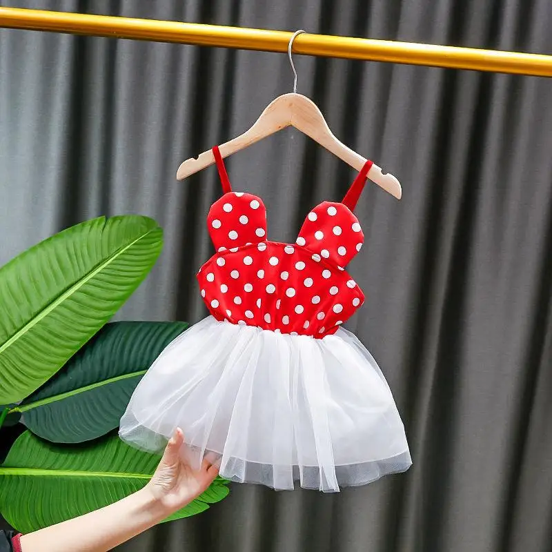 Disney Baby Girls Princess Dress Minnie Mouse Spaghetti Strap Dress Polk Dot Cartoon Birthday Lace Mesh Dress Baby Summer Cloth
