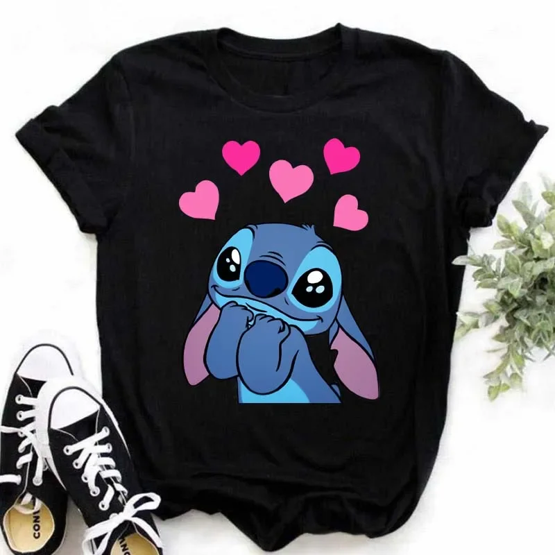 Disney Lilo Stitch Cartoon T-shirts Tops for Women Lady Summer Female T-shirts Black O-neck Ohana Stitch Hot Tees T-shirts 3
