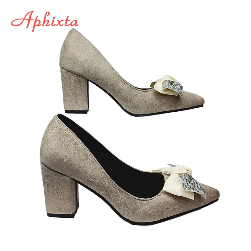 Aphixta Fashion Bling Crystal Bow 7cm Heels Pumps Women Butterfly-knot Pointed Toe Flock Suede Shoes Super Big Size 35-53