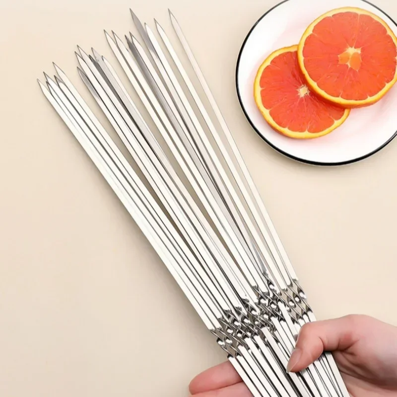 10/20Pcs Barbecue Skewer Stainless Steel Flat Skewers Reusable BBQ Skewers Kebab Iron Stick For Outdoor Camping Picnic BBQ Tools bbq skewers